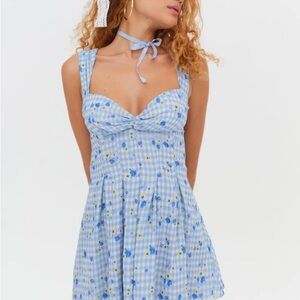For Love And Lemons Blue and White Smocked Mini Sundress